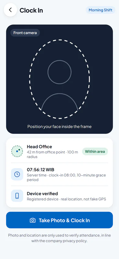 Clock-in screen with selfie