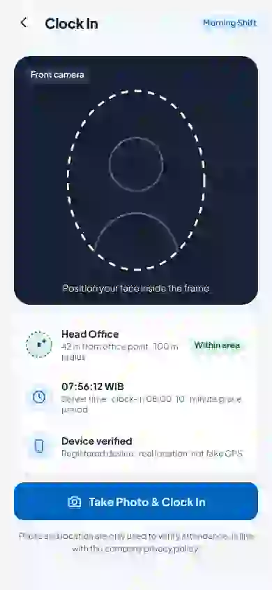 Clock-in screen with selfie